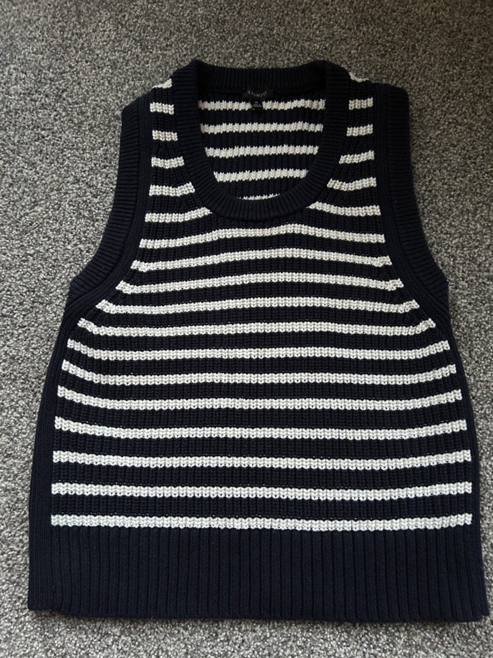 Talbots Navy and White Striped Sleeveless Knit Sweater